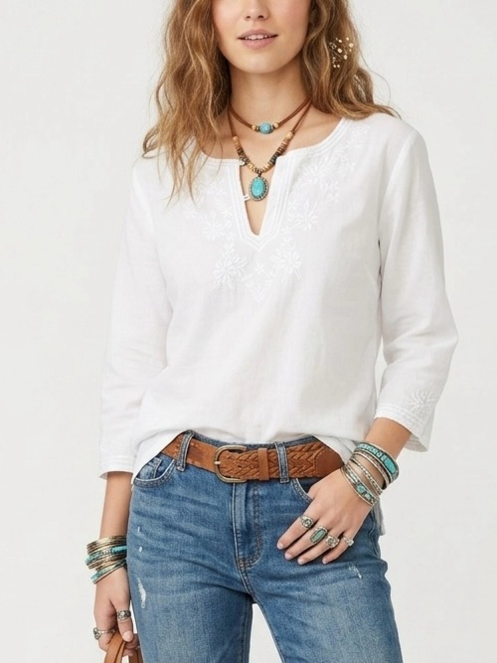 White Embroidered V-Neck boho Women's Top